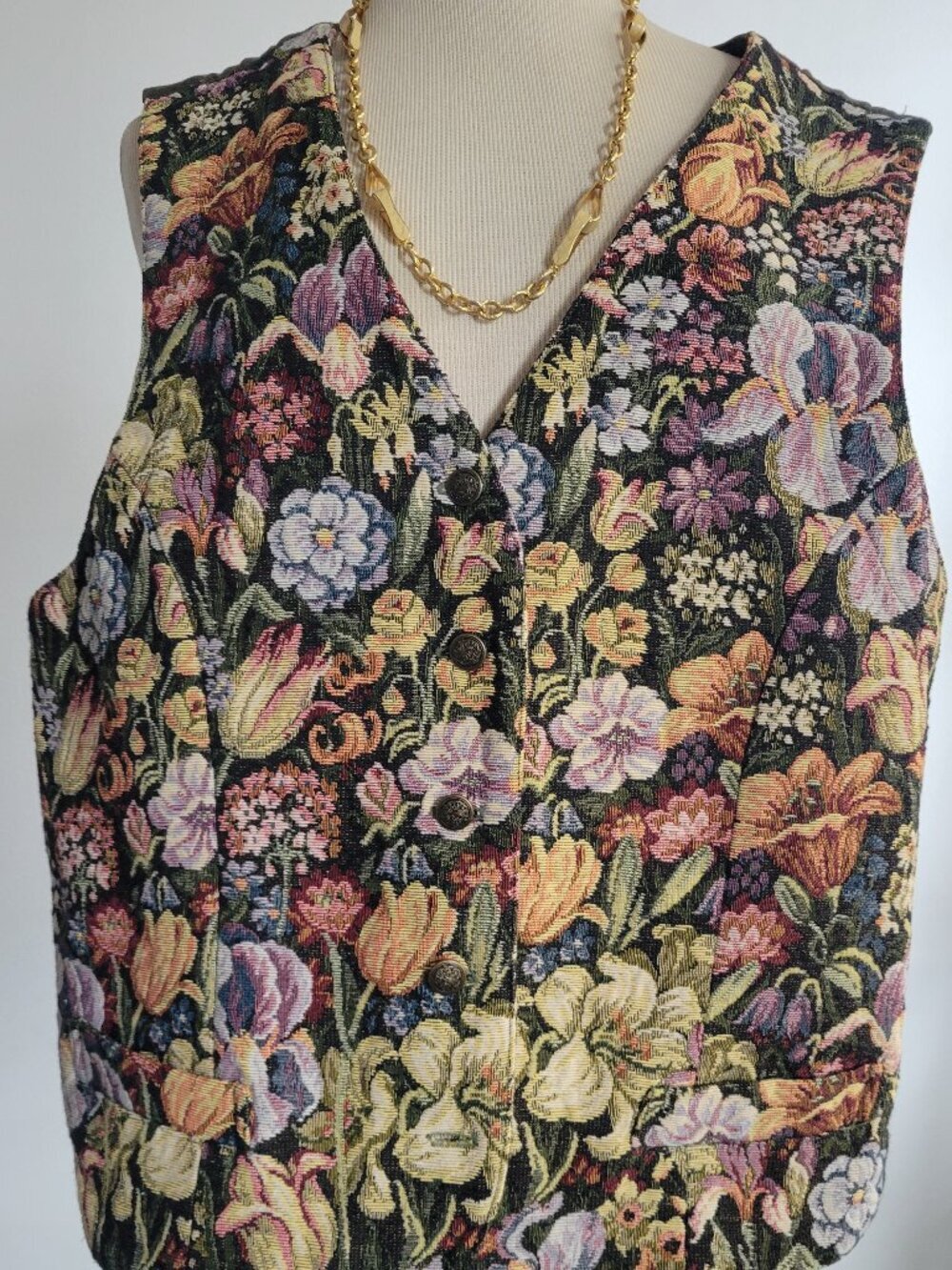Vintage Karen Scott Floral Tapestry Vest XL Black Botanical Tie Back